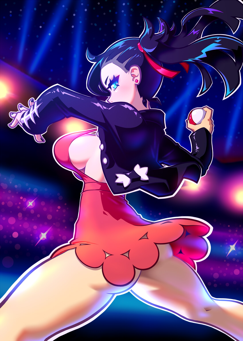 1girl arena ass black_hair black_jacket black_nails breasts buttons dress earrings green_eyes hair_ribbon holding holding_poke_ball huge_breasts ian_chase jacket jewelry looking_at_viewer marnie_(pokemon) nail_polish night night_sky open_clothes open_jacket outdoors pink_dress poke_ball pokemon pokemon_(game) pokemon_swsh red_ribbon ribbon shiny shiny_hair sideboob sky solo throwing_poke_ball