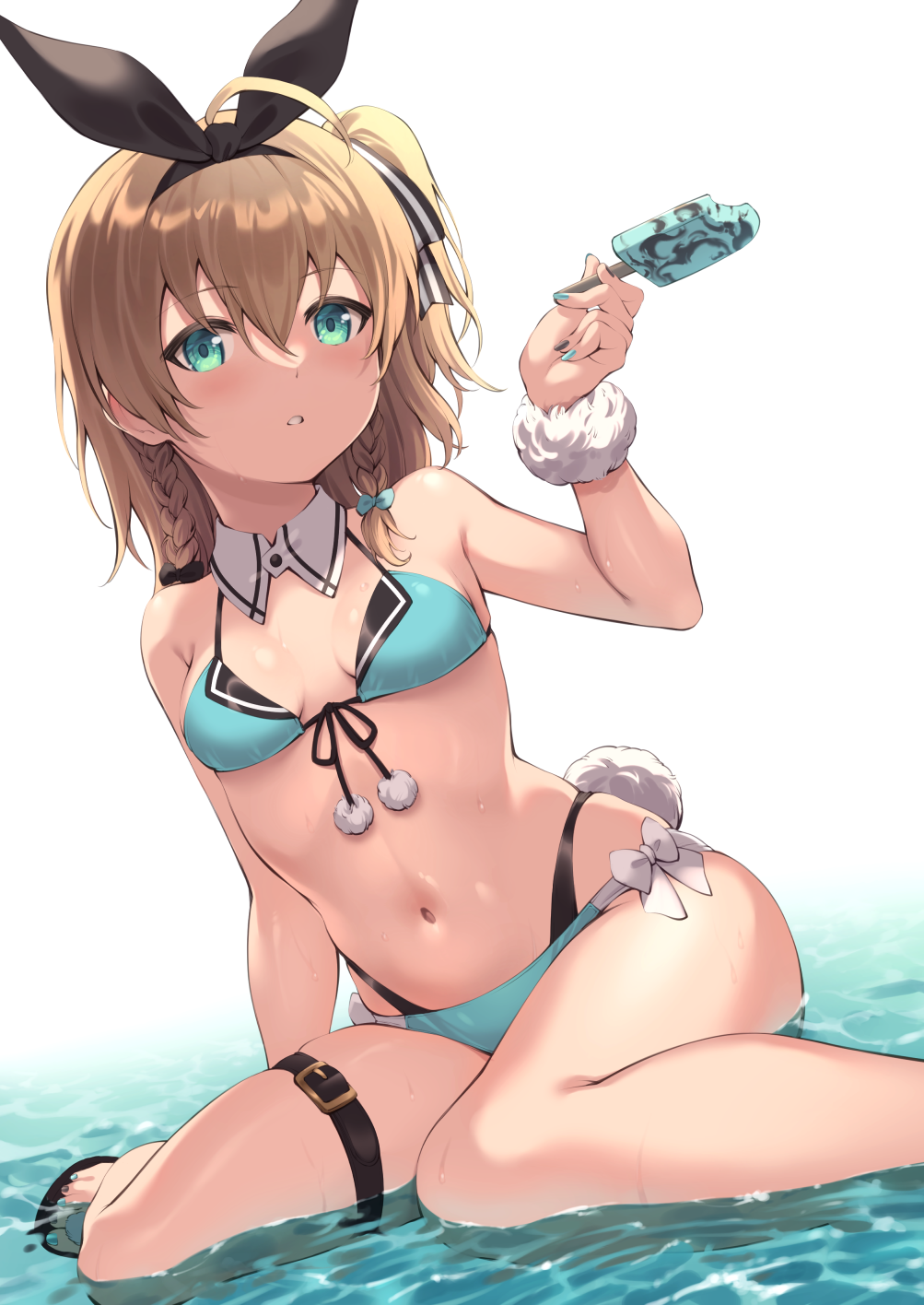 1girl amerika_juu_pan aqua_bikini aqua_bow aqua_eyes aqua_nails bare_arms bare_legs bare_shoulders bikini black_bow black_nails black_ribbon bow braid breasts brown_hair detached_collar food hair_bow hair_ribbon highres holding holding_food ice_cream long_hair looking_at_viewer nail_polish navel original pom_pom_(clothes) rabbit_tail ribbon sitting small_breasts solo swimsuit tail toenail_polish toenails twin_braids