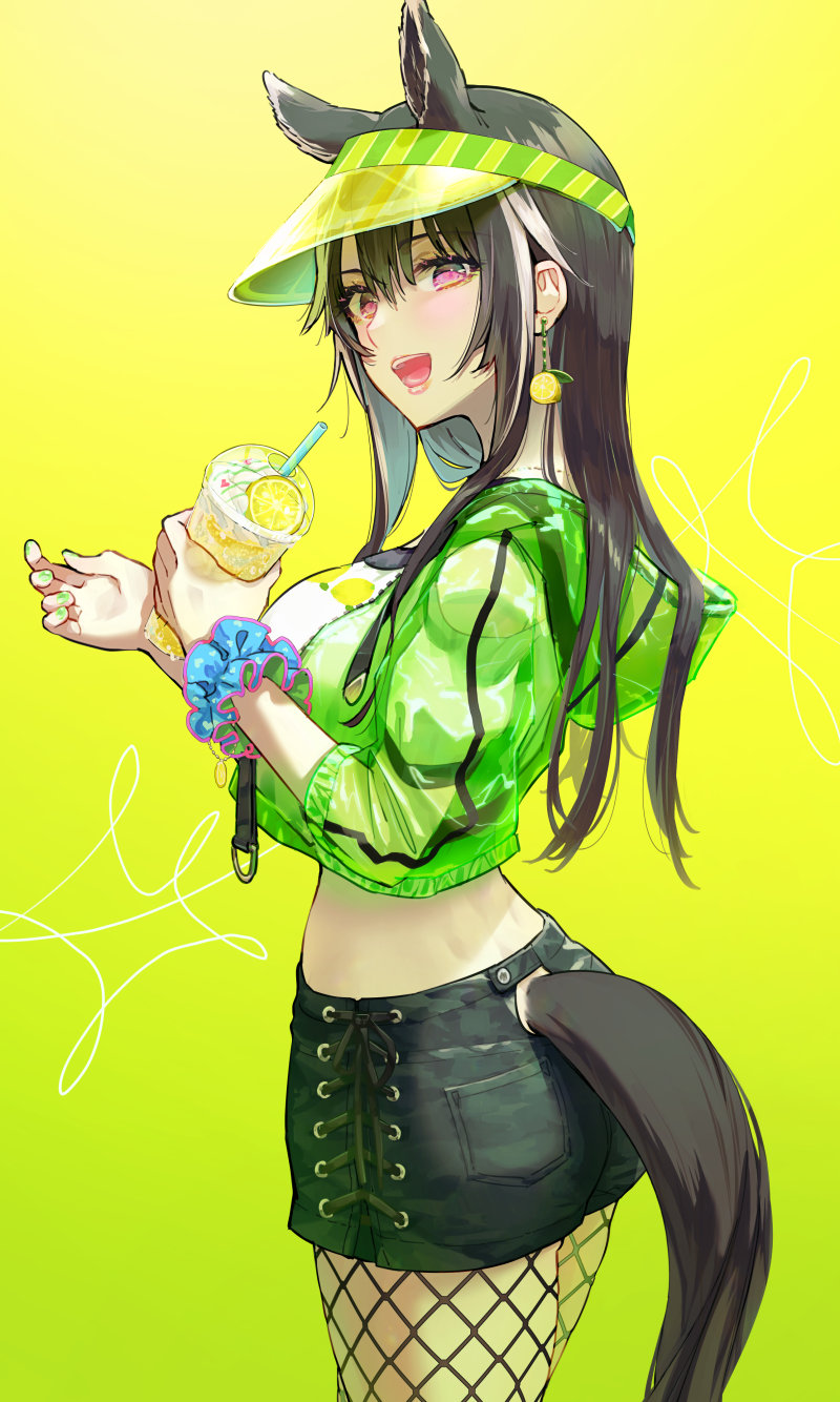 1girl :d animal_ears ass bangs black_hair black_shorts breasts character_request cowboy_shot cup drinking_straw drop_earrings earrings fishnet_legwear fishnets from_side gradient gradient_background green_nails hair_between_eyes highres holding holding_cup horse_ears horse_tail jewelry large_breasts long_hair looking_at_viewer midriff nail_polish open_mouth pink_eyes pocket scrunchie shorts simple_background smile solo syuri22 tail visor_cap wrist_scrunchie yellow_background