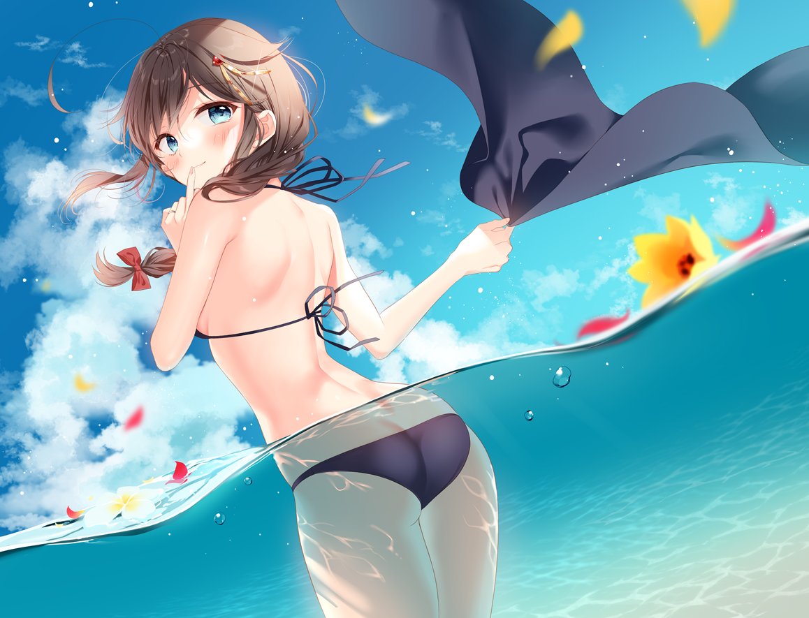 1girl ahoge ass bikini black_bikini black_hair black_sarong blue_eyes braid commentary_request cowboy_shot finger_to_mouth flower from_behind hair_flaps hair_ornament hair_over_shoulder holding kantai_collection looking_at_viewer looking_back naoto_(tulip) remodel_(kantai_collection) sarong sarong_removed shigure_(kancolle) side-tie_bikini single_braid solo standing swimsuit