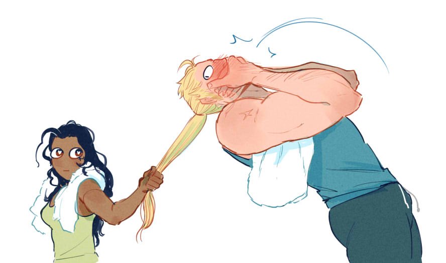 1boy 1girl ana_(overwatch) black_hair blonde_hair blush brown_eyes captain_amari chest_hair covering_mouth dark-skinned_female dark_skin embarrassed full-face_blush hair_pull hands_over_mouth heart heart-shaped_pupils height_difference long_hair muscular muscular_male overwatch reinhardt_(overwatch) scar_on_arm symbol-shaped_pupils tank_top towel towel_around_neck vimeddiee wide-eyed you_gonna_get_raped younger