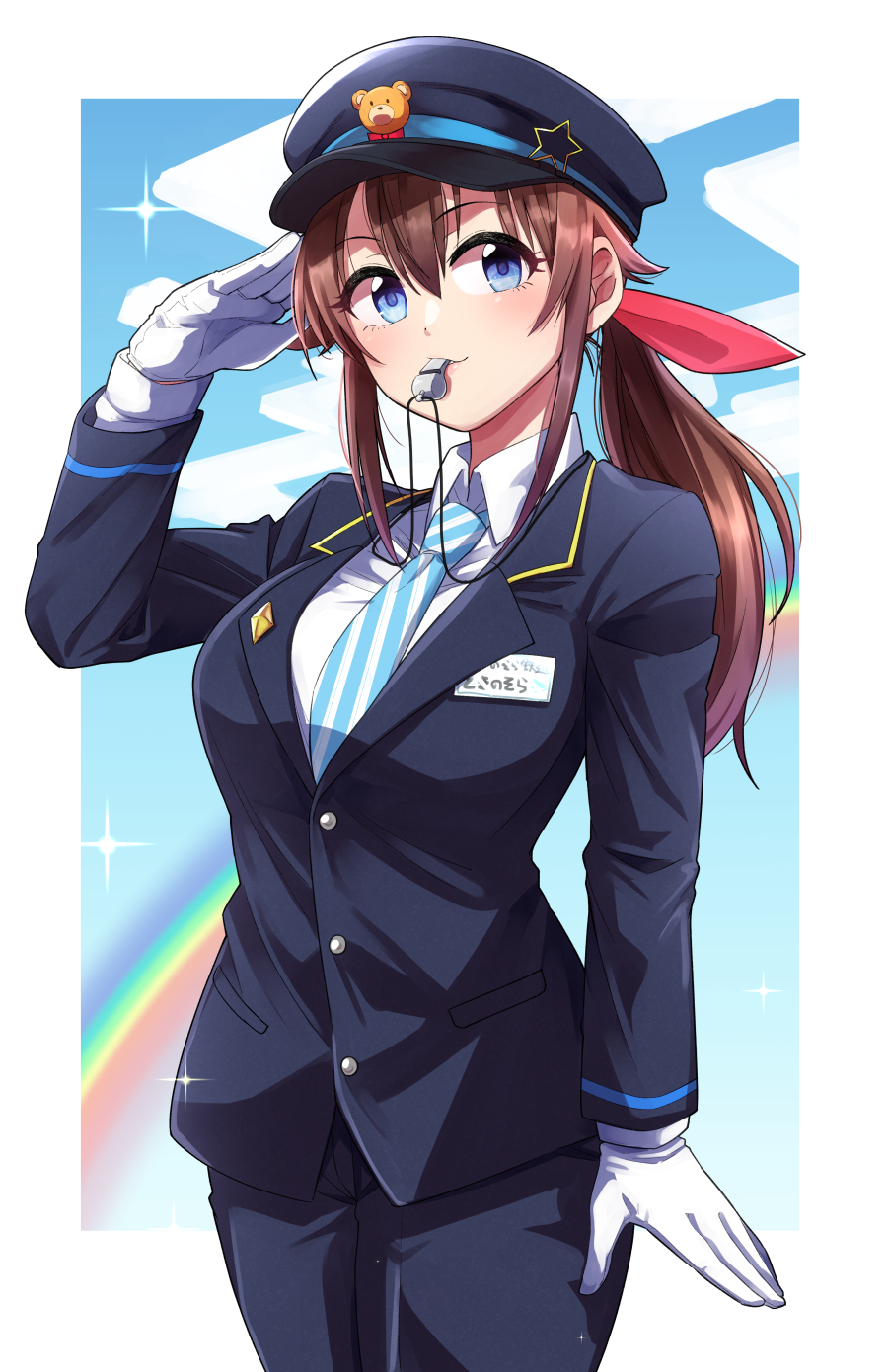 1girl alternate_costume blazer blue_eyes breasts brown_hair cowboy_shot diffraction_spikes gloves hair_between_eyes highres hololive idol ishii_takuma jacket long_hair looking_to_the_side medium_breasts name_tag necktie outside_border police police_uniform policewoman ponytail rainbow salute shirt sidelocks solo striped striped_neckwear tokino_sora uniform virtual_youtuber whistle whistle_around_neck white_shirt