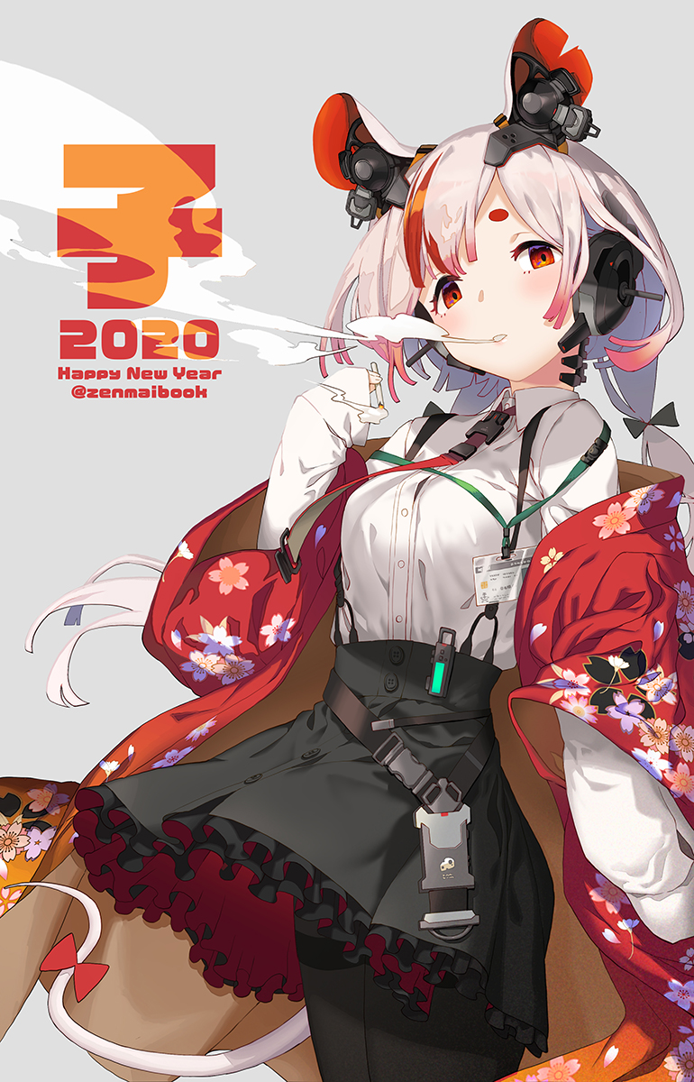 1girl 2020 animal_ears belt black_bow black_legwear black_skirt bow breasts chinese_zodiac cigarette collared_shirt commentary_request cowboy_shot dress_shirt empty_eyes expressionless floral_print frilled_skirt frills grey_background hair_bow happy_new_year headphones high-waist_skirt highres hikimayu holding holding_cigarette id_card japanese_clothes kimono lanyard long_hair long_sleeves looking_at_viewer low_twintails medium_breasts mouse_ears mouse_tail multicolored_hair new_year open_clothes open_kimono original pantyhose parted_lips print_kimono red_bow red_eyes red_kimono red_neckwear red_skirt redhead shirt shirt_tucked_in simple_background skirt sleeves_past_fingers sleeves_past_wrists smoke smoking solo streaked_hair suspender_skirt suspenders tail tail_bow tail_ornament twintails white_hair white_shirt white_tail wing_collar year_of_the_rat yukata zenmaibook