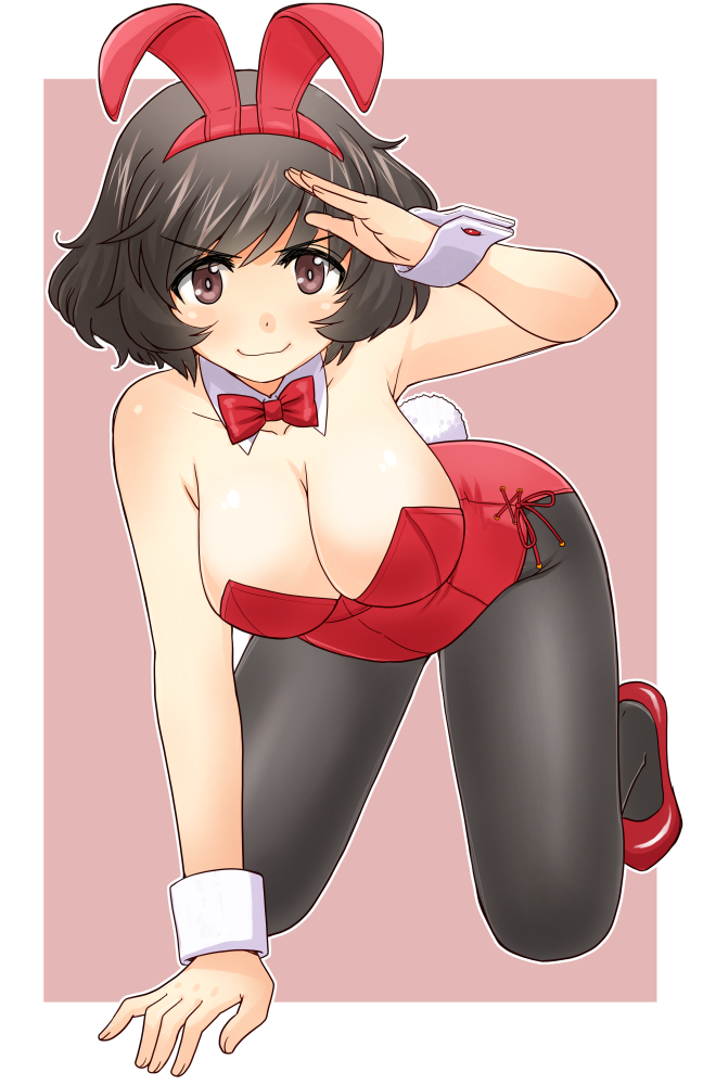 akiyama_yukari alternate_costume animal_ears bangs bow bowtie brown_eyes brown_hair bunny_day detached_collar fake_animal_ears fake_tail girls_und_panzer high_heels leotard messy_hair pantyhose playboy_bunny playboy_bunny_leotard rabbit_ears rabbit_tail red_leotard salute short_hair side-tie_leotard strapless strapless_leotard tail uona_telepin wrist_cuffs