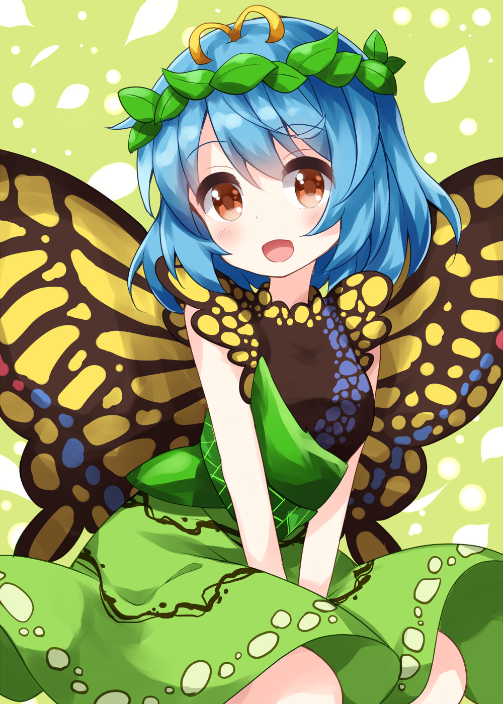 1girl :d antennae blue_hair blush brown_eyes butterfly_wings dress eternity_larva eyebrows_visible_through_hair green_dress hair_between_eyes highres leaf leaf_on_head open_mouth ruu_(tksymkw) short_hair sleeveless sleeveless_dress smile solo touhou wings