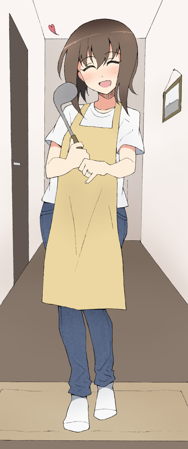 1girl alternate_costume apron bangs blush brown_hair closed_eyes commentary_request denim door eyebrows_visible_through_hair hair_between_eyes heart highres holding holding_ladle indoors jeans jewelry kantai_collection ladle nel-c open_mouth pants ring shirt short_hair short_sleeves socks solo taihou_(kancolle) wedding_band white_footwear white_shirt yellow_apron