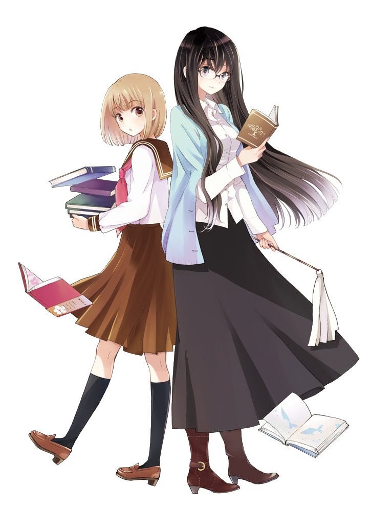 2girls :o bangs black-framed_eyewear black_hair black_legwear black_skirt blue_cardigan blue_eyes blush book book_stack brown_eyes brown_footwear brown_sailor_collar brown_skirt cardigan carrying closed_mouth collared_shirt commentary_request cover cover_page dress_shirt falling full_body glasses himawari-san himawari-san_(character) holding holding_book kazamatsuri_matsuri kneehighs light_brown_hair long_hair long_skirt looking_at_viewer manga_cover multiple_girls neckerchief official_art open_book open_cardigan open_clothes pleated_skirt red_neckwear sailor_collar school_uniform serafuku shirt shoes short_hair simple_background skirt smile standing sugano_manami textless white_background white_shirt