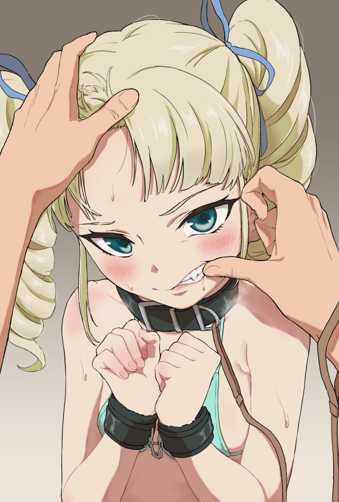 1boy 1girl aikatsu! aikatsu!_(series) bangs bare_shoulders bdsm belt_collar bikini bikini_top black_collar blonde_hair blue_eyes blue_ribbon blush breasts clenched_hands clenched_teeth collar cuffs drill_locks fang finger_in_another's_mouth gradient gradient_background green_bikini grey_background hair_ribbon hand_on_another's_head handcuffs hands_on_own_chest head_tilt heavy_breathing hetero highres leash looking_at_viewer male_hand mouth_pull osame parted_lips pov ribbon short_hair sidelocks small_breasts solo_focus sweat swimsuit teeth toudou_yurika twintails upper_body upturned_eyes