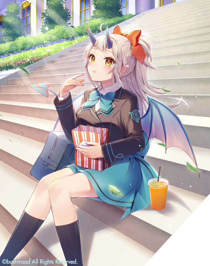 1girl :t bag bangs black_jacket black_legwear blazer blue_bow blue_skirt bow breasts brown_eyes brown_wings building cardfight!!_vanguard character_request closed_mouth collared_shirt commentary_request cup demon_girl demon_horns demon_tail demon_wings disposable_cup drinking_straw eating feet_out_of_frame grey_hair hair_bow horns jacket knees_together_feet_apart long_hair long_sleeves medium_breasts momoshiki_tsubaki official_art pointy_ears ponytail red_bow school_bag school_uniform shirt sitting sitting_on_stairs skirt socks solo stairs stone_stairs tail watermark white_shirt window wings