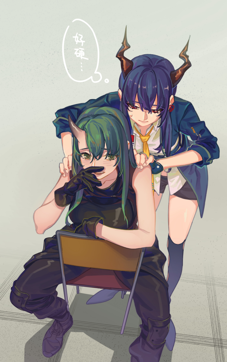 2girls arknights bangs black_footwear black_gloves black_pants black_shirt black_shorts blue_hair blue_jacket blush boots ch'en_(arknights) closed_mouth commentary dragon_horns eyebrows_visible_through_hair favilia fingerless_gloves full_body gloves green_eyes green_hair grey_background horns hoshiguma_(arknights) jacket knee_boots laughing long_hair looking_at_viewer massage multiple_girls necktie on_chair oni_horns pants red_eyes shirt shorts shoulder_massage single_horn sitting sleeves_rolled_up smile speech_bubble standing sweatdrop translated white_shirt wiping_face yellow_neckwear yuri