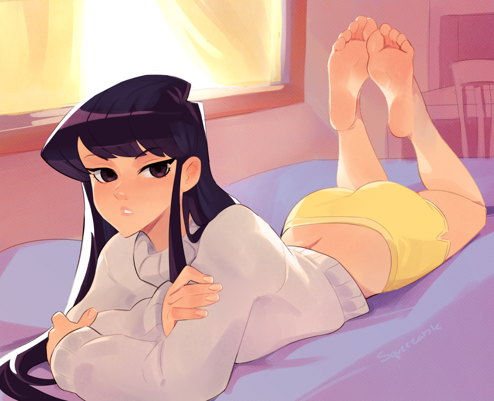1girl artist_name ass bangs bare_legs barefoot black_eyes black_hair commentary dolphin_shorts english_commentary eyebrows_visible_through_hair feet full_body indoors komi-san_wa_komyushou_desu komi_shouko long_hair long_sleeves looking_at_viewer lying midriff on_bed on_stomach parted_lips shorts sidelocks sideways_glance soles solo squeezable_(artist) sweater the_pose toes white_sweater window yellow_shorts