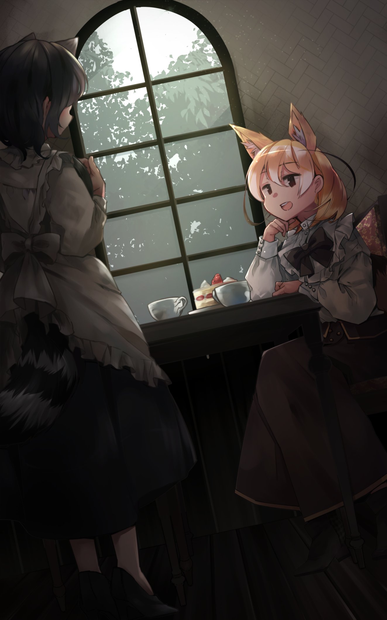 2girls alternate_costume animal_ears apron black_bow black_bowtie black_dress black_hair blonde_hair bow bowtie brown_eyes brown_skirt cake cake_slice collar commentary_request common_raccoon_(kemono_friends) cup dress enmaided extra_ears eyebrows_visible_through_hair fennec_(kemono_friends) food fox_ears fox_girl fox_tail frilled_collar frilled_dress frills grey_hair highres kemono_friends long_hair long_sleeves maid maid_apron maid_headdress multicolored_hair multiple_girls nanana_(nanana_iz) raccoon_ears raccoon_girl raccoon_tail shirt short_hair skirt tail teacup white_apron white_hair white_shirt