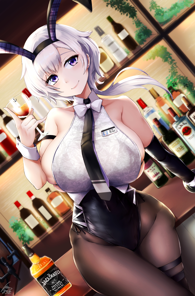 1girl animal_ears arm_strap arm_support armpit_crease azur_lane bangs bar bare_shoulders black_gloves black_hairband black_legwear black_neckwear blush bow bowtie bra_strap brand_name_imitation breasts closed_mouth collarbone collared_shirt commentary_request covered_navel cowboy_shot crop_top cup drinking_glass dutch_angle earrings elbow_gloves eyebrows_visible_through_hair fake_animal_ears floating_hair gloves groin hair_between_eyes hairband highres holding holding_cup ibara_azuki id_card indoors jewelry large_breasts leotard leotard_under_clothes long_hair looking_at_viewer low_ponytail necktie official_alternate_costume pantyhose parted_hair partial_commentary playboy_bunny rabbit_ears reno_(azur_lane) reno_(reno_bunnino)_(azur_lane) see-through see-through_shirt shadow shirt short_hair side-tie_leotard sideboob sidelocks signature single_elbow_glove skindentation sleeveless sleeveless_shirt smile solo standing stud_earrings thigh_strap violet_eyes white_hair white_neckwear white_shirt wine_glass wrist_cuffs