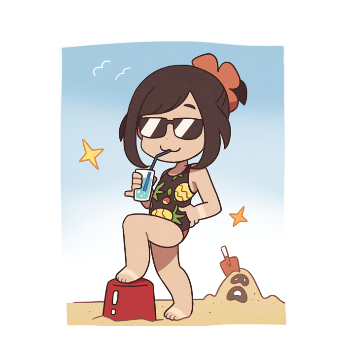 1girl alternate_costume bare_arms barefoot beach brown_hair bucket closed_mouth commentary cup day drinking drinking_straw flower gen_7_pokemon glass hair_flower hair_ornament holding holding_cup medium_hair one-piece_swimsuit outdoors pokemon pokemon_(creature) pokemon_(game) pokemon_sm sand sandygast selene_(pokemon) smile sparkle ssalbulre standing swimsuit tan tanlines toes
