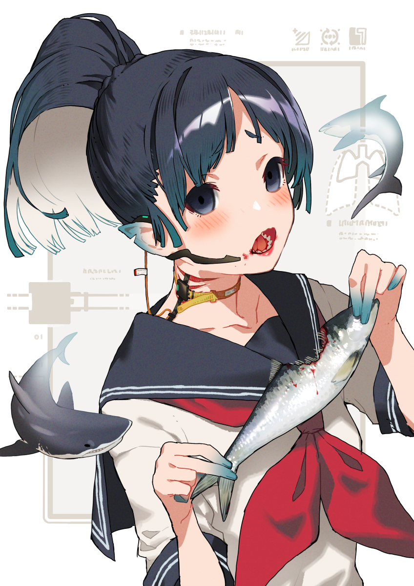 1girl animal aqua_hair bite_mark black_eyes black_hair black_sailor_collar blood blood_on_face braid collarbone colored_inner_hair commentary_request eating empty_eyes fish gills hands_up headset high_ponytail highres holding holding_animal holding_fish long_hair looking_at_viewer multicolored_hair multiple_sources neckerchief notched_ear open_mouth original pointy_ears ponytail red_neckwear sailor_collar school_uniform serafuku shark sharp_teeth shirt short_sleeves solo teeth upper_body white_hair white_serafuku white_shirt zenmaibook