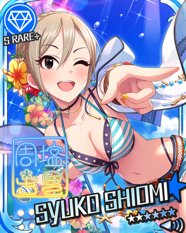 bikini blush brown_eyes character_name grey_hair idolmaster idolmaster_cinderella_girls shiomi_shuuko short_hair smile stars wink