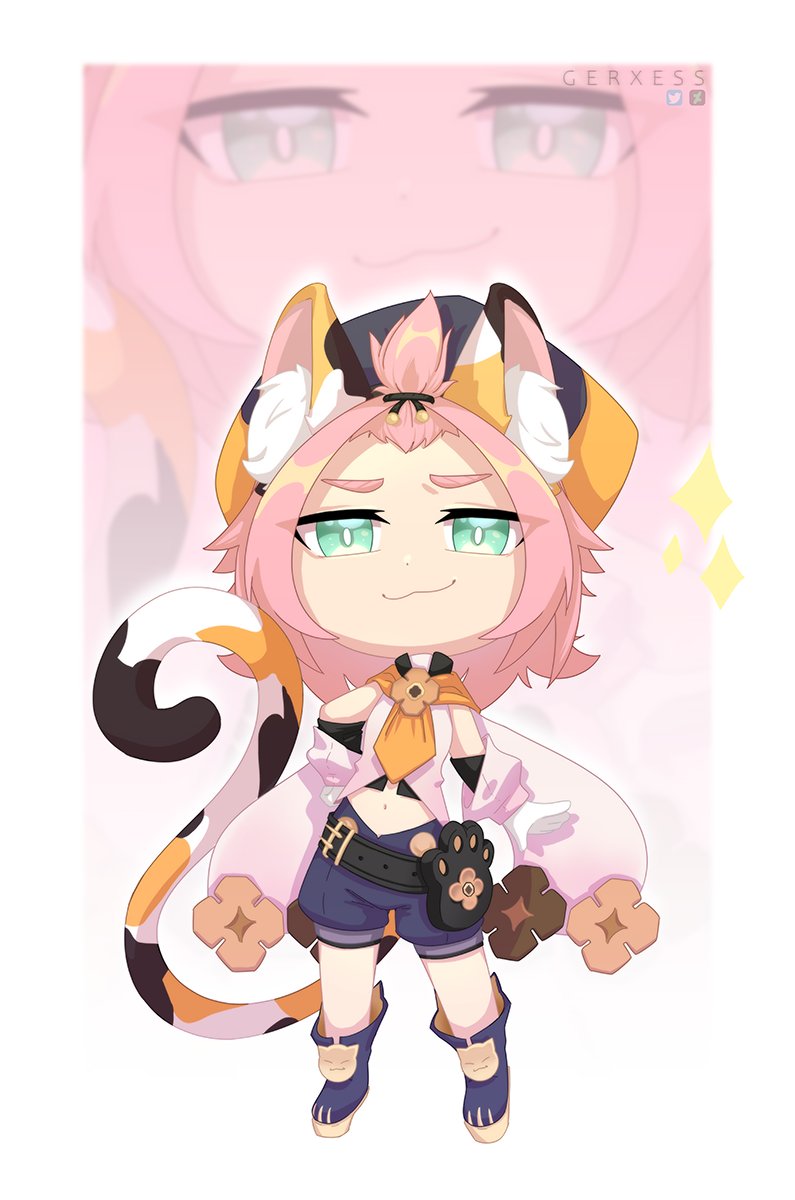 1girl :3 animal_ears bangs bangs_pinned_back belt black_shorts cat_ears cat_girl cat_tail chibi commentary_request detached_sleeves diona_(genshin_impact) forehead full_body genshin_impact gerxess gloves green_eyes hair_ribbon hand_on_hip hat highres looking_at_viewer navel paw_print pink_hair puffy_detached_sleeves puffy_shorts puffy_sleeves ribbon short_hair shorts sidelocks simple_background smile solo standing tail thick_eyebrows white_gloves zoom_layer