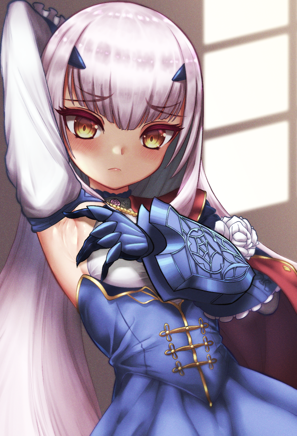 1girl bangs blue_dress blush breasts dress fairy_knight_lancelot_(fate) fate/grand_order fate_(series) long_hair long_sleeves looking_at_viewer norman_(shiohama_workshop) sidelocks small_breasts solo white_hair