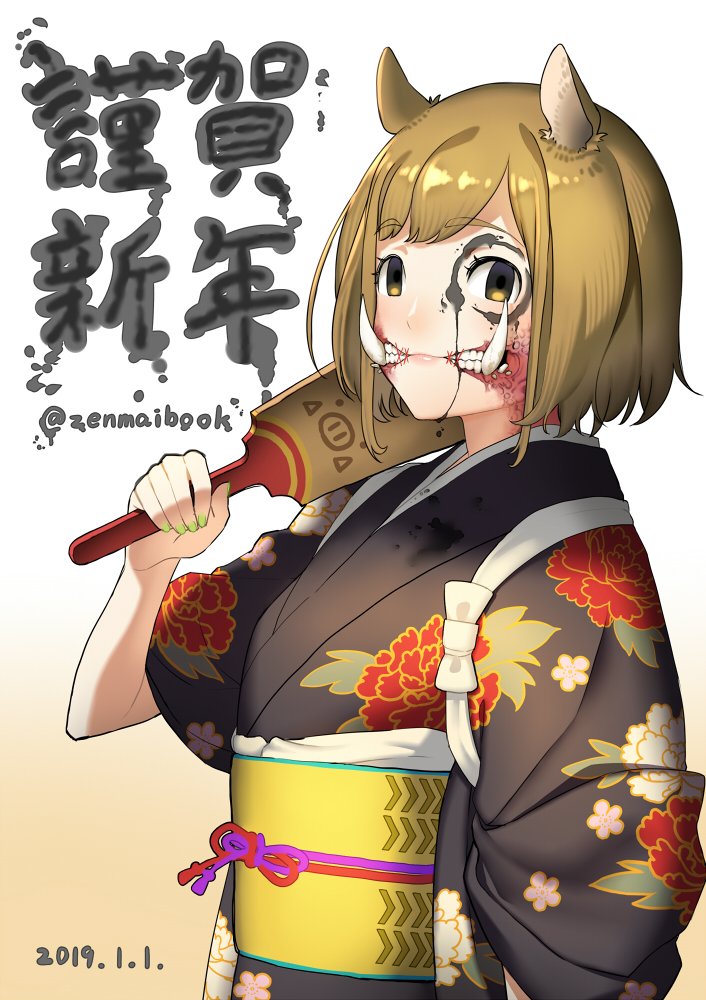 1girl animal_ears black_kimono blonde_hair chinese_zodiac commentary_request dated empty_eyes expressionless eyebrows_visible_through_hair facepaint fangs fangs_out floral_print green_nails hagoita hand_up happy_new_year holding_paddle japanese_clothes kimono looking_at_viewer medium_hair new_year obi original paddle pig_ears print_kimono purple_ribbon red_ribbon ribbon sash simple_background solo stitched_mouth stitches twitter_username upper_body white_background year_of_the_pig yellow_eyes yellow_sash yukata zenmaibook