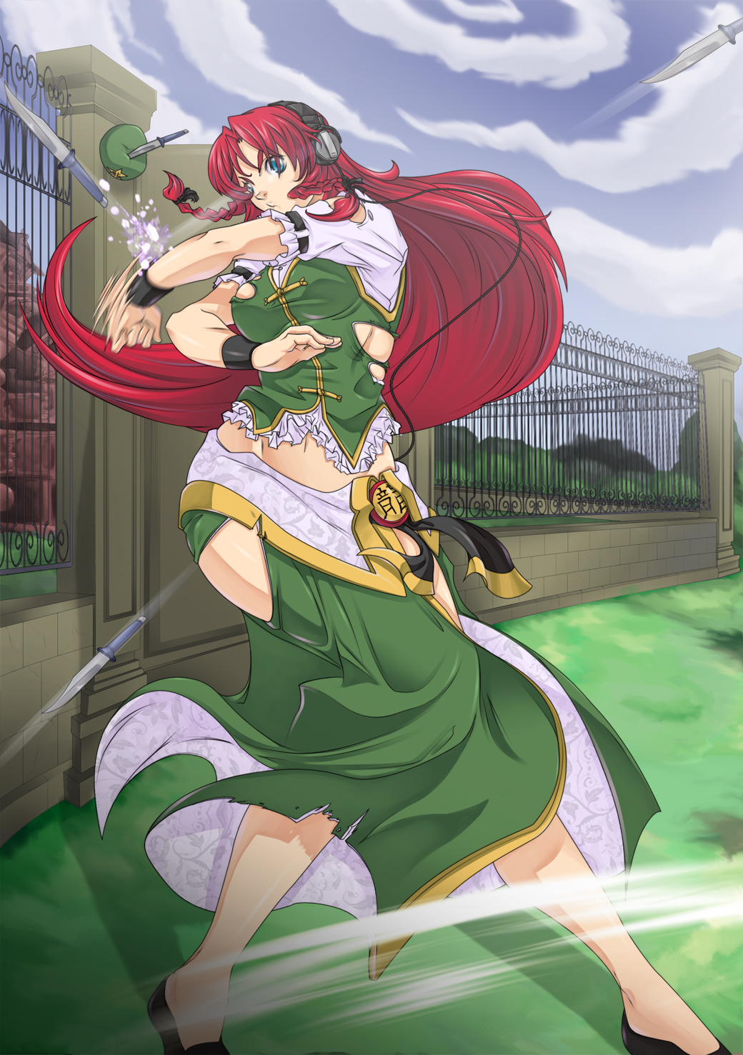 blue_eyes braid fence fighting gate hat hat_removed headphones headwear_removed highres hong_meiling knife large_breasts legs long_hair midriff motion_blur red_hair redhead scarlet_devil_mansion skirt spikewible torn_clothes touhou weapon wide_hips