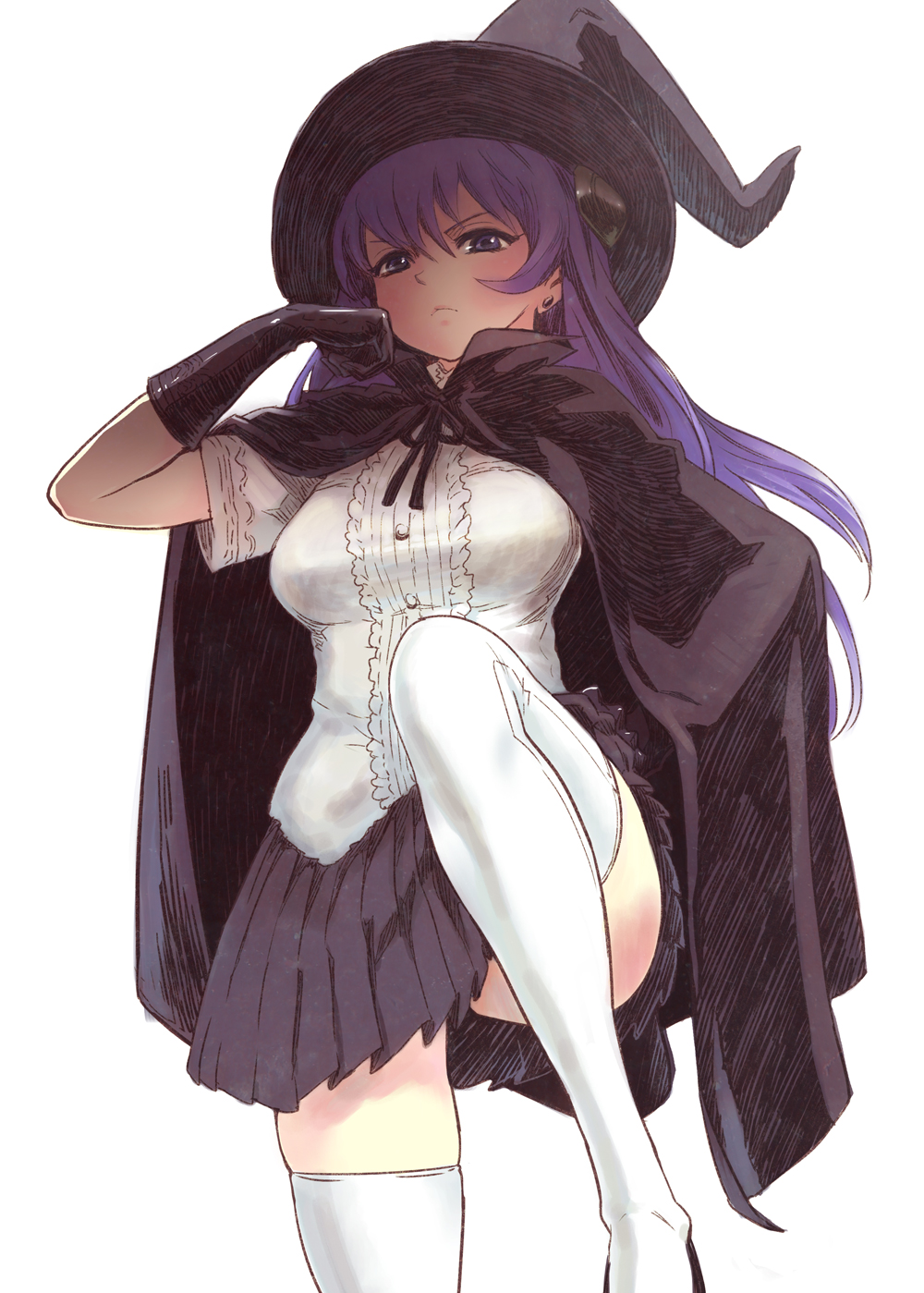 cape gloves hand_on_hip hat highres long_hair nagasawa_shin original purple_eyes purple_hair solo thigh-highs thighhighs violet_eyes white_legwear white_thighhighs witch witch_hat zettai_ryouiki