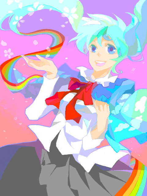 blue_eyes blue_hair hatsune_miku long_hair rainbow smile tegaki twintails vocaloid