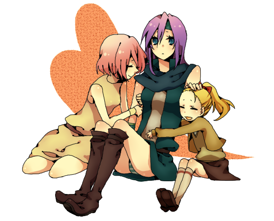 3girls blonde_hair boots closed_eyes faris_scherwiz female final_fantasy final_fantasy_v green_eyes headband krile_mayer_baldesion lenna_charlotte_tycoon long_hair open_mouth pink_hair ponytail purple_hair sakeruchees shoes short_hair sitting socks