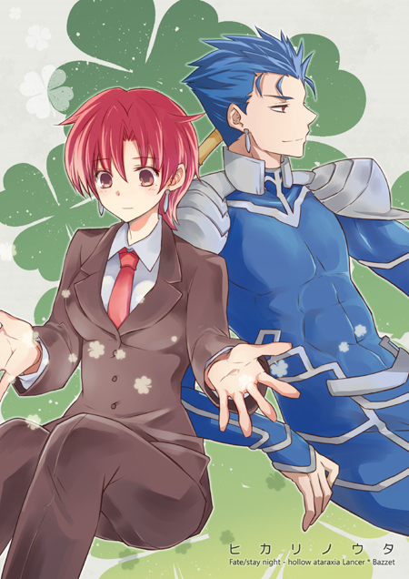 1boy 1girl bazett_fraga_mcremitz blue_hair bodysuit character_name earrings fate/stay_night fate_(series) formal jewelry lancer necktie pant_suit ponytail red_eyes redhead short_hair suit title_drop triplebomber