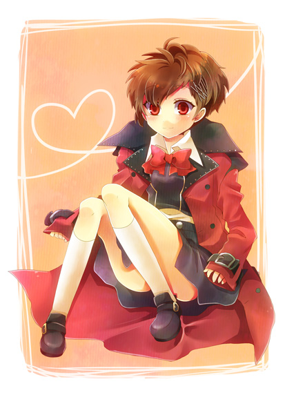 blush brown_hair female_protagonist_(persona_3) kneehighs oversized_clothes persona persona_3 persona_3_portable red_eyes ribbon school_uniform shooting-star sitting skirt smile socks trench_coat trenchcoat