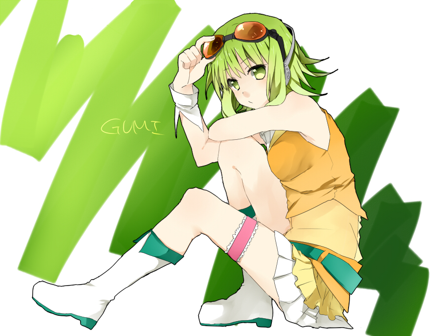 bad_id bare_shoulders boots breasts goggles goggles_on_head green_eyes green_hair gumi headphones knees_on_chest leg_garter pleated_skirt short_hair sitting skirt solo vocaloid