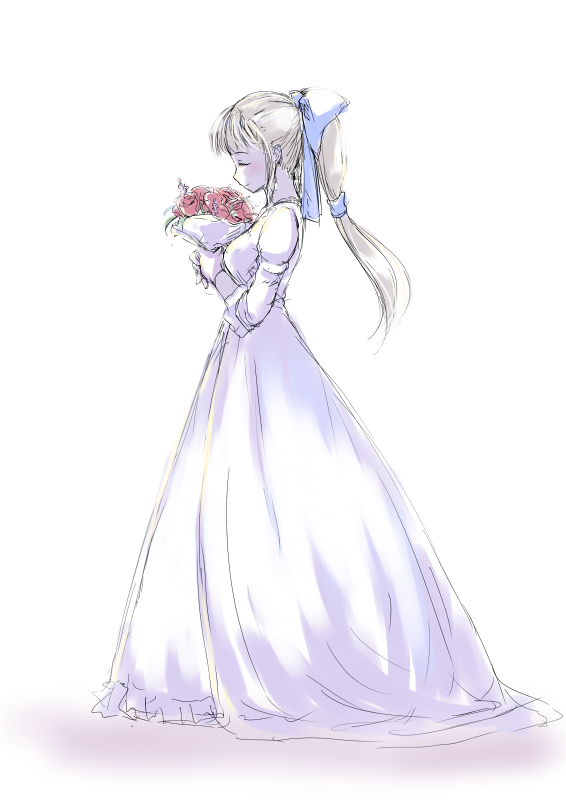 blonde_hair blue_ribbon bouquet celes_chere dress closed_eyes fechirin female final_fantasy final_fantasy_vi long_hair ponytail ribbon solo