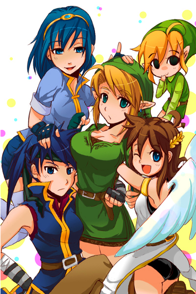 5girls bad_id belt black_eyes blonde_hair blue_eyes blue_hair brown_hair earrings fingerless_gloves fire_emblem genderswap gloves hat ike jewelry kid_icarus link marth multiple_girls pit pointy_ears super_smash_bros. the_legend_of_zelda toon_link wings wink