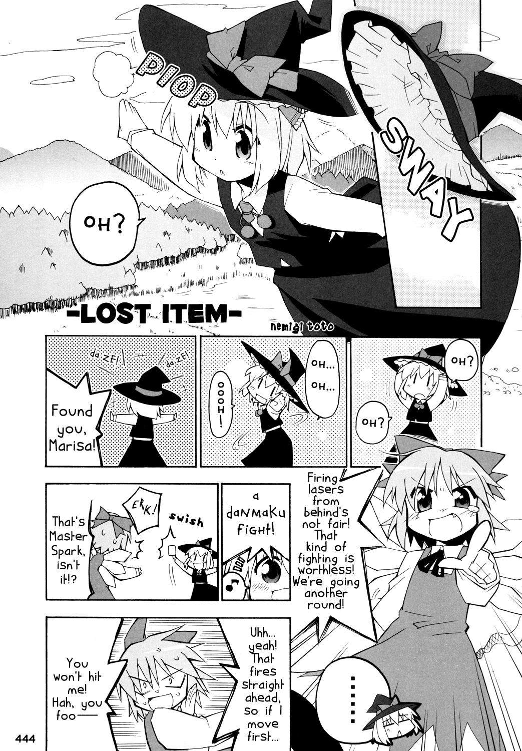 cirno comic cosplay hard_translated hat headwear_switch highres kirisame_marisa kirisame_marisa_(cosplay) monochrome open_mouth rumia smile spell_card sweat toto_nemigi touhou translated witch_hat |_|