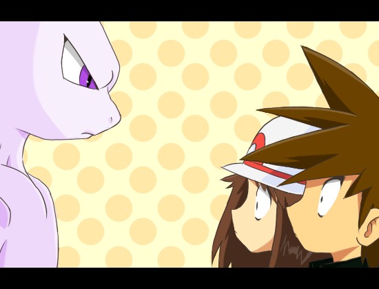 1boy 1girl artist_request brown_hair hat long_hair mewtwo ookido_green pokemon pokemon_(creature) pokemon_special polka_dots surprise surprised