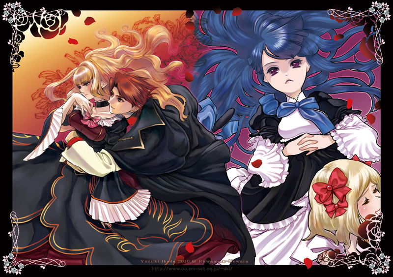 blonde_hair blue_hair choker dress frederica_bernkastel frills hair_ornament ikeda_yuzuki lambdadelta long_hair ribbon short_hair smile umineko_no_naku_koro_ni ushiromiya_battler