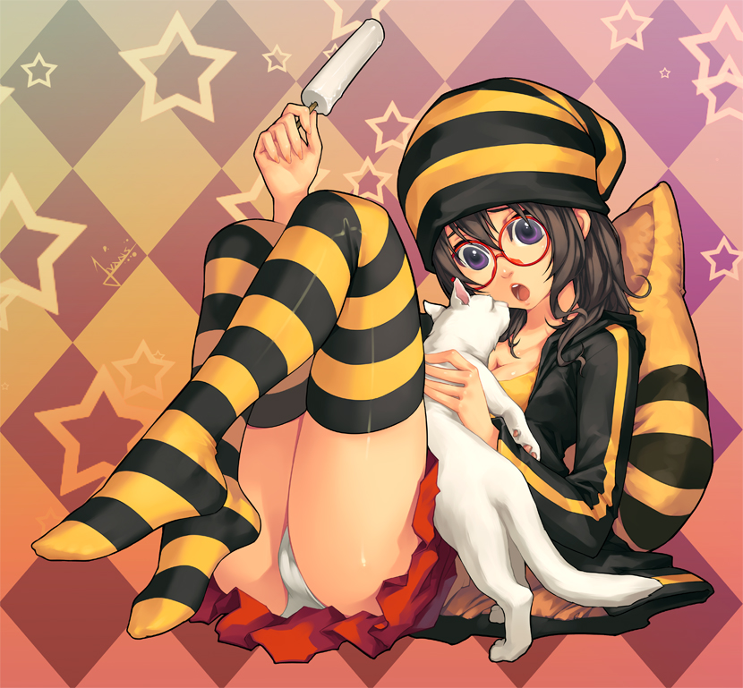 breasts brown_eyes brown_hair cat character_request checkered checkered_background cleavage dog glasses hat lvans multicolored_legwear open_mouth panties pantyshot pantyshot_sitting pillow popsicle purple_eyes short_hair sitting skirt star striped striped_legwear striped_thighhighs thigh-highs thighhighs underwear white_panties yellow_legwear