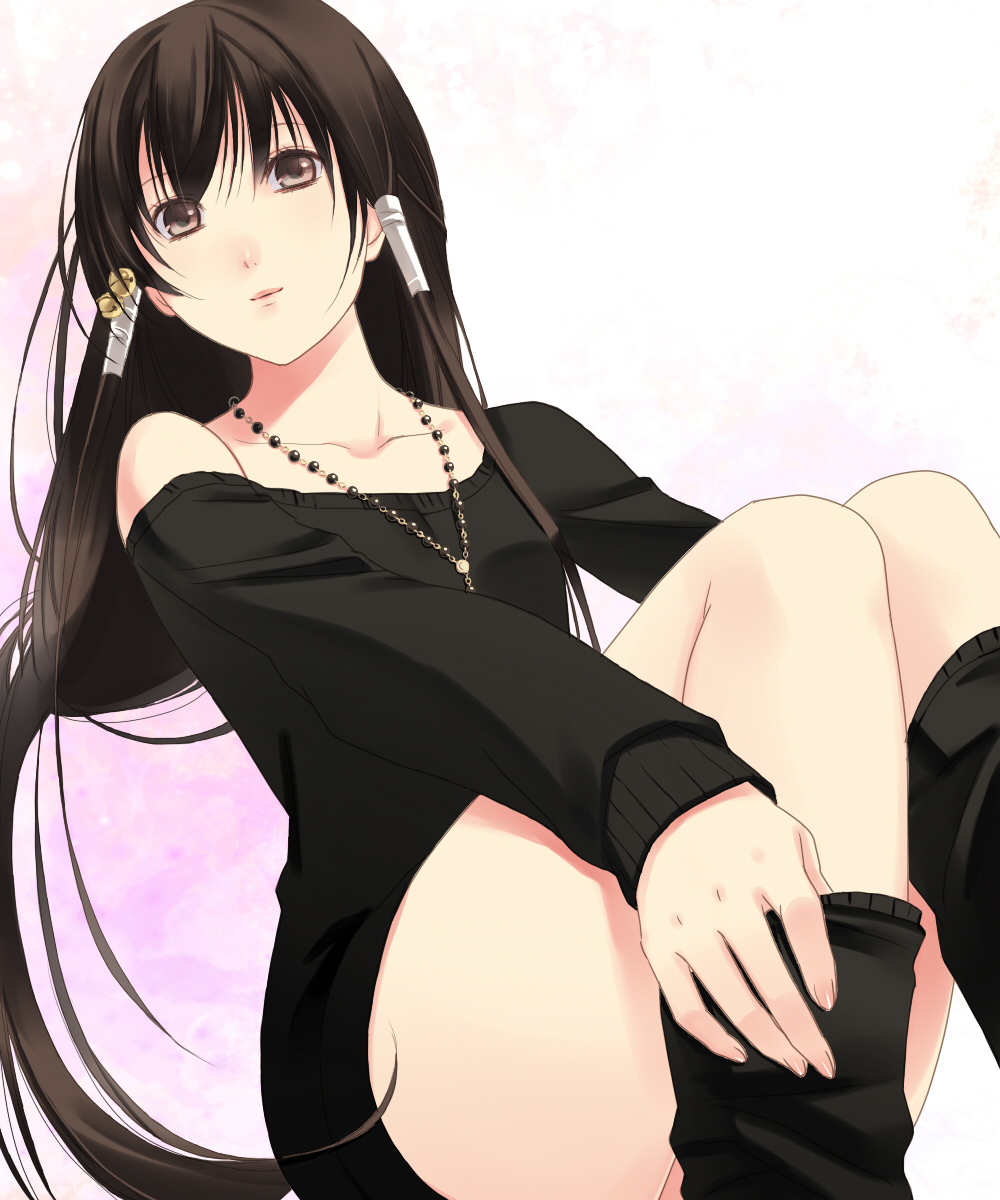 bell brown_eyes brown_hair crossdressinging foreshortening fuuchouin_kazuki getbackers hands highres jewelry jingle_bell long_hair male necklace papillon10 sock_pull solo trap very_long_hair