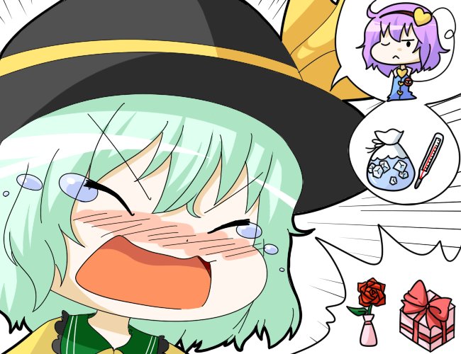 :&lt; blush chibi closed_eyes comic emphasis_lines eyes flower gift green_hair hairband hat heart ice komeiji_koishi komeiji_satori kousyoku kuzugitsune_(inarikami) multiple_girls purple_hair red_rose rose short_hair silent_comic spoken_flower spoken_object spoken_person tears thermometer touhou white_background wink