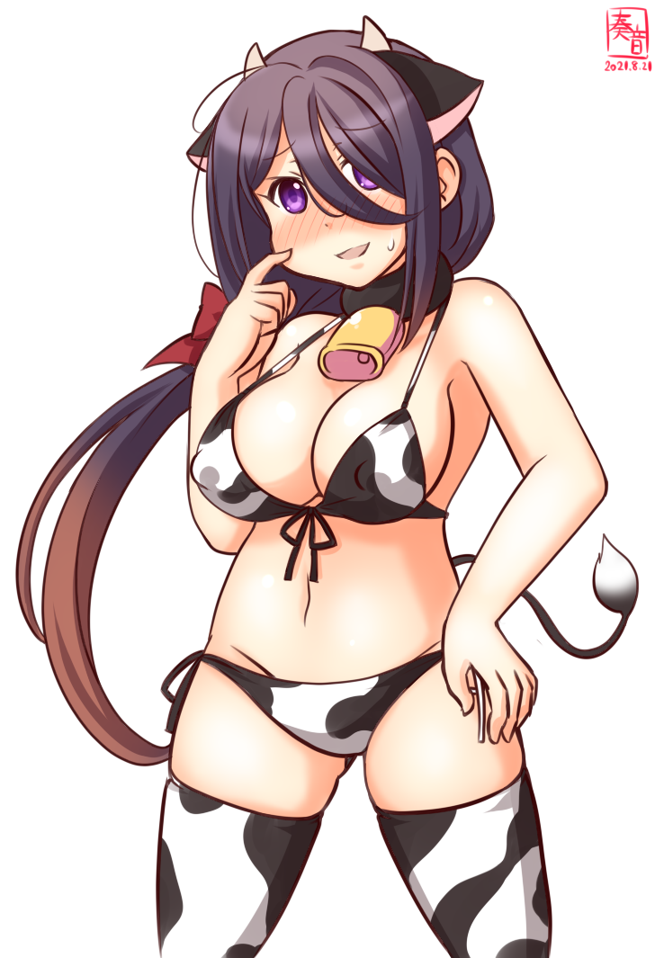 1girl alternate_costume animal_ears animal_print ariake_(kancolle) artist_logo bangs bell bikini black_hair brown_hair commentary_request covered_nipples cow_ears cow_horns cow_print cow_tail cowbell cowboy_shot dated fake_animal_ears fake_horns front-tie_top gradient_hair hair_over_one_eye horns kanon_(kurogane_knights) kantai_collection long_hair looking_at_viewer low_ponytail lowleg lowleg_bikini multicolored_hair one-hour_drawing_challenge side-tie_bikini simple_background solo swimsuit tail thigh-highs violet_eyes white_background white_bikini white_legwear