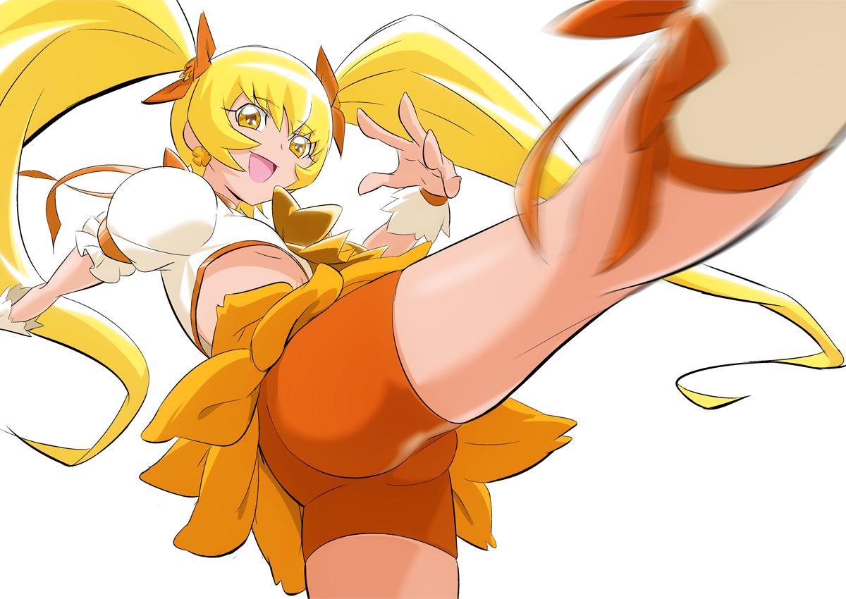 1girl :d bangs bike_shorts blonde_hair bow breasts clover_earrings crop_top cure_sunshine earrings eyebrows_visible_through_hair eyelashes floating_hair fuchi_(nightmare) hair_between_eyes hair_bow heartcatch_precure! jewelry leg_up long_hair midriff miniskirt motion_blur open_mouth orange_bow orange_ribbon orange_shorts orange_skirt precure ribbon shiny shiny_hair short_shorts short_sleeves shorts shorts_under_skirt simple_background skirt small_breasts smile solo stomach twintails under_boob very_long_hair white_background white_footwear wrist_cuffs yellow_eyes