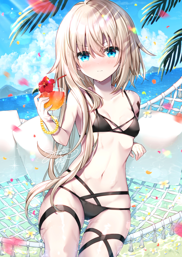 1girl :o ass_visible_through_thighs bangs bendy_straw bikini black_bikini blonde_hair blue_eyes blush breasts closed_mouth collarbone commentary_request cup drink drinking_glass drinking_straw eyebrows_visible_through_hair flower hair_between_eyes hammock hand_up holding long_sleeves multi-strapped_bikini navel nose_blush original petals pillow red_flower small_breasts solo swimsuit tia-chan uchuuneko water