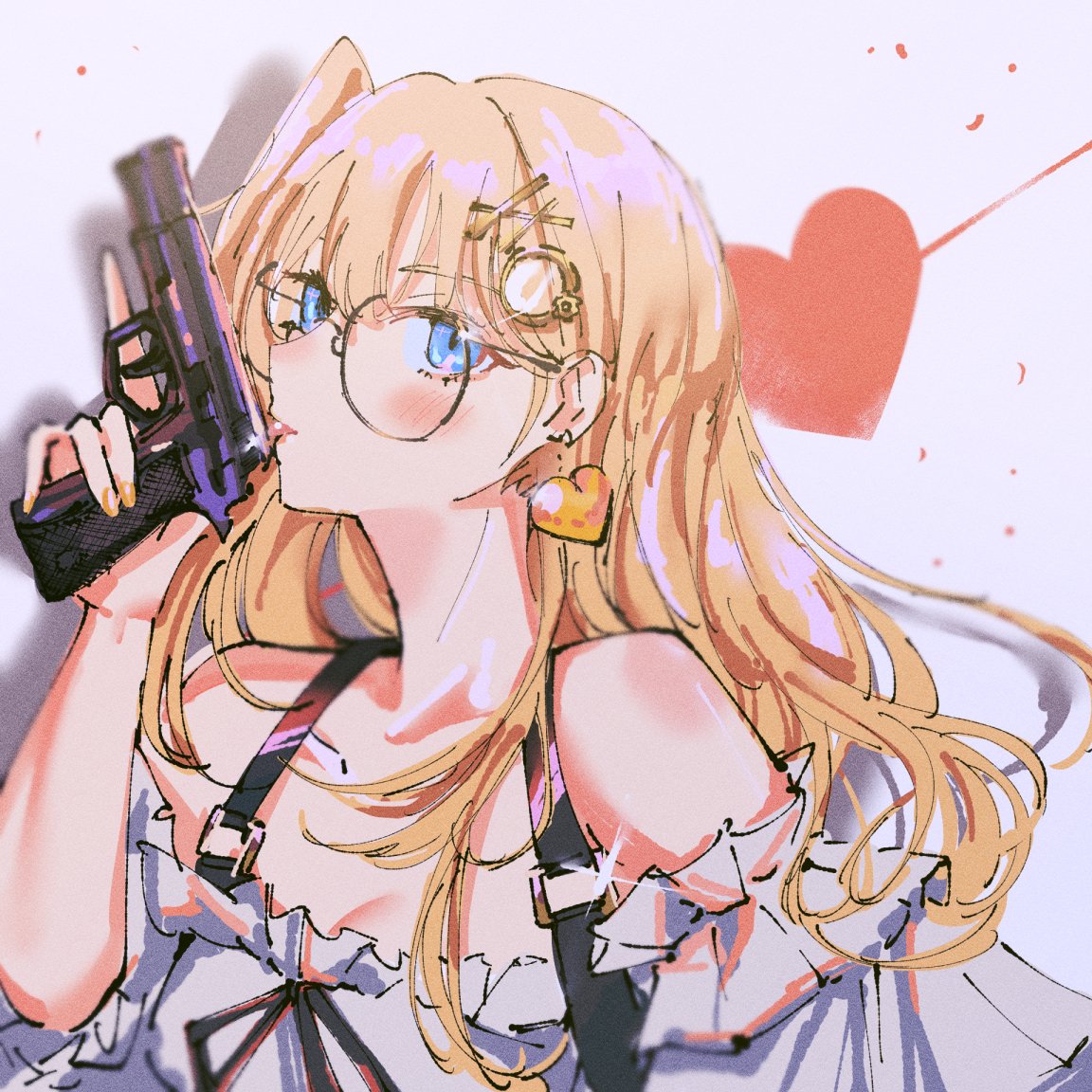 1girl alternate_hair_length alternate_hairstyle blonde_hair blue_eyes breasts collarbone earrings glasses gun hair_ornament handgun heart heart_earrings holding holding_gun holding_weapon hololive hololive_english jewelry long_hair medium_breasts monocle_hair_ornament off-shoulder_shirt off_shoulder pistol portrait round_eyewear set7 shirt short_sidetail solo suspenders virtual_youtuber watson_amelia weapon white_shirt