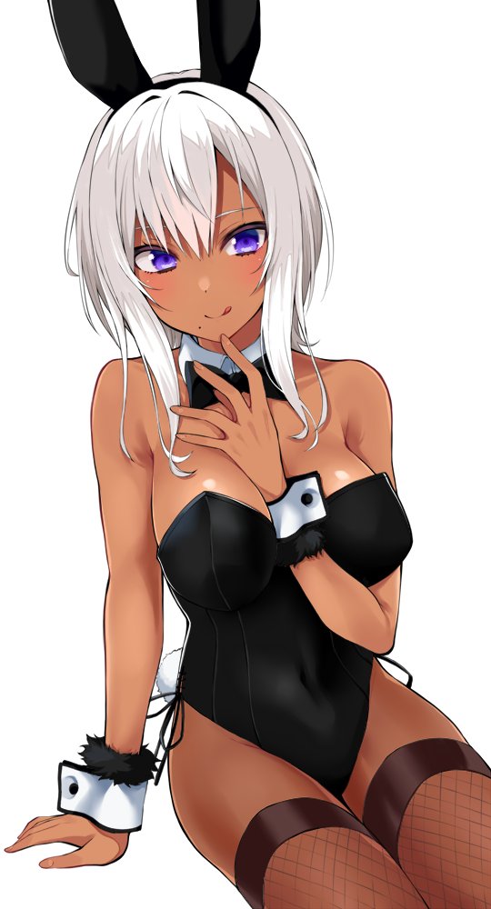 1girl :q animal_ears bare_shoulders between_breasts black_leotard bow bowtie breasts closed_mouth covered_navel dark_skin detached_collar fake_animal_ears fishnet_legwear fishnets gomashi_(goma) hairband hand_up large_breasts leotard looking_at_viewer mole mole_under_mouth original playboy_bunny rabbit_ears short_hair simple_background smile solo strapless strapless_leotard thigh-highs tongue tongue_out violet_eyes white_background white_hair wrist_cuffs