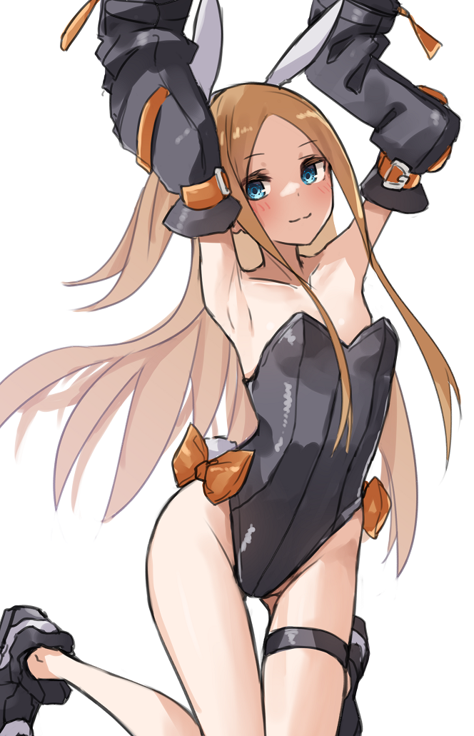 1girl abigail_williams_(fate) animal_ears armpits arms_up bangs blonde_hair blue_eyes blush detached_sleeves fate/grand_order fate_(series) flat_chest kopaka_(karda_nui) long_hair looking_at_viewer parted_bangs playboy_bunny rabbit_ears simple_background smile solo white_background