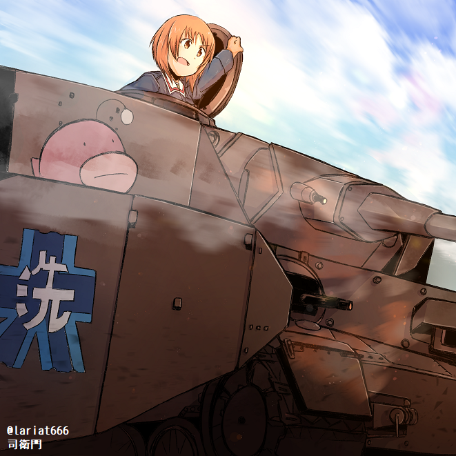 1girl anglerfish artist_name bad_id bad_twitter_id bangs blue_jacket blue_sky brown_eyes brown_hair clouds cloudy_sky commentary day emblem girls_und_panzer ground_vehicle jacket long_sleeves looking_to_the_side military military_uniform military_vehicle motor_vehicle nishizumi_miho ooarai_(emblem) ooarai_military_uniform outdoors panzerkampfwagen_iv short_hair sky solo tank tsukasa-emon twitter_username uniform