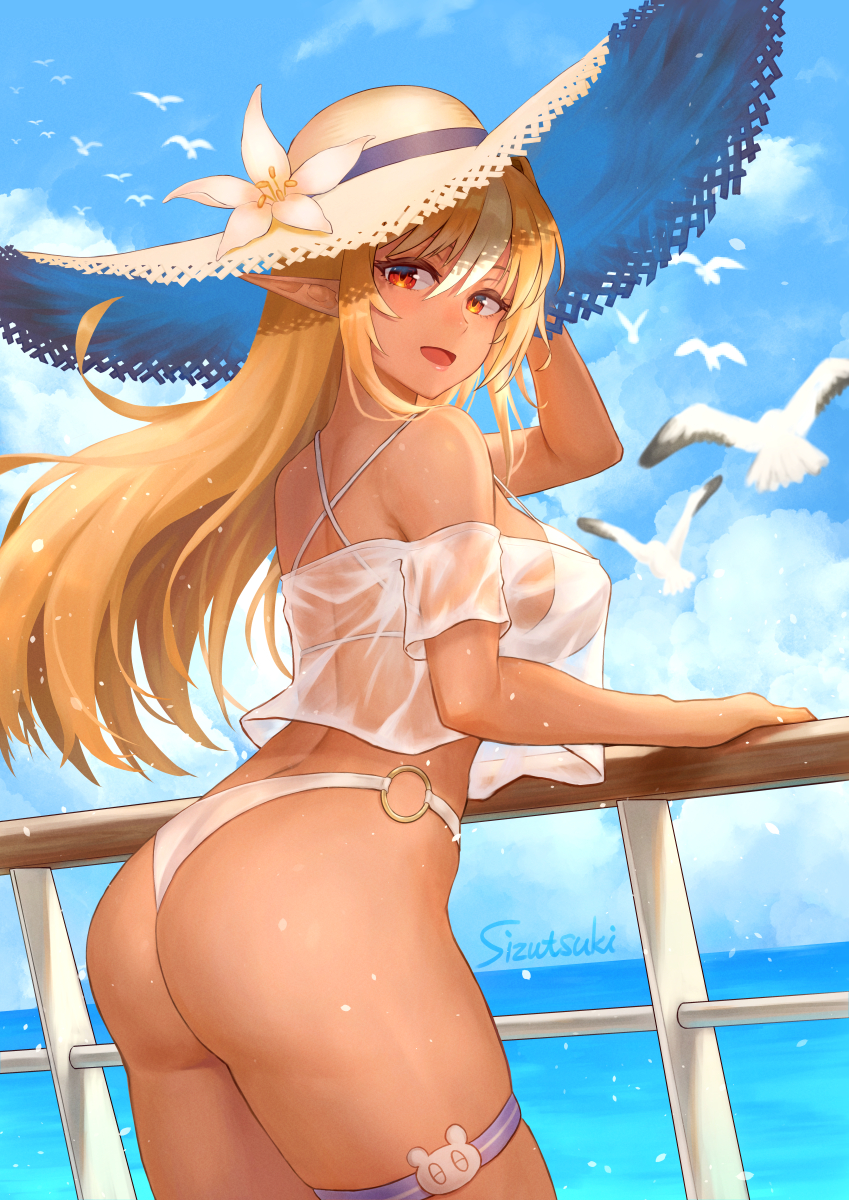 1girl :d arm_up artist_name ass bangs bare_shoulders bikini bird blonde_hair blue_sky breasts brown_headwear clouds cowboy_shot day elf flower hat hat_flower highres hololive horizon large_breasts lily_(flower) looking_at_viewer looking_back multicolored_hair o-ring o-ring_bikini ocean open_mouth pointy_ears railing red_eyes see-through shiranui_flare sideboob skindentation sky smile strap_gap streaked_hair sun_hat swimsuit thigh_strap tsukizaki_shizuka two-tone_hair white_bikini white_flower white_hair