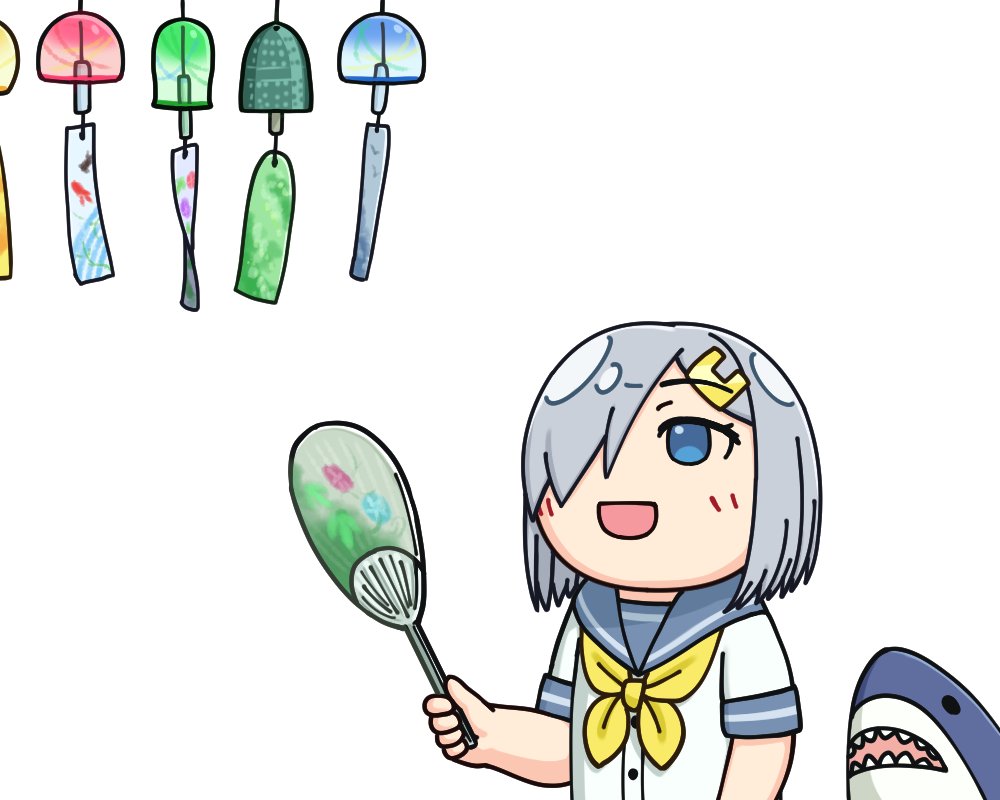 blue_eyes commentary_request grey_sailor_collar hair_ornament hair_over_one_eye hairclip hama!_(3toshinhmkz) hamakaze_(kancolle) hand_fan kantai_collection looking_up neckerchief no_nose paper_fan sailor_collar school_uniform serafuku short_hair silver_hair simple_background stuffed_animal stuffed_shark stuffed_toy uchiwa upper_body white_background wind_chime yellow_neckwear