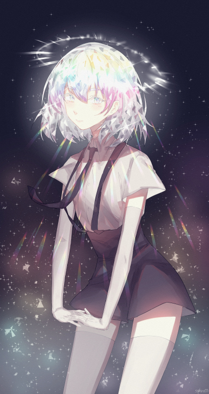 1other androgynous black_neckwear commentary crystal_hair diamond_(houseki_no_kuni) elbow_gloves english_commentary gem_uniform_(houseki_no_kuni) gloves halo hands_together houseki_no_kuni looking_at_viewer multicolored multicolored_eyes multicolored_hair necktie rainbow_hair saphira033 shirt short_hair short_sleeves shorts smile solo sparkle thigh-highs white_gloves white_legwear