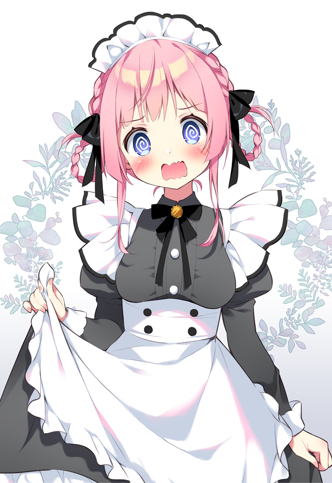 1girl @_@ apron bangs black_bow black_dress blue_eyes blush bow braid breasts dress eyebrows_visible_through_hair floral_background frilled_dress frills gradient gradient_background grey_background hair_bow hair_rings juliet_sleeves long_sleeves looking_at_viewer maid maid_headdress medium_breasts open_mouth original pan_(mimi) puffy_sleeves skirt_hold solo twin_braids wavy_mouth white_apron white_background