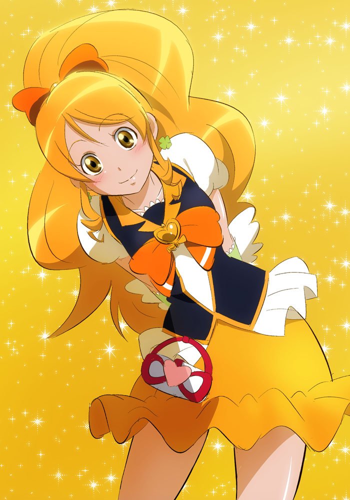 1girl arms_behind_back blonde_hair bow brown_eyes closed_mouth collarbone cowboy_shot cure_honey eyebrows_visible_through_hair fuchi_(nightmare) hair_bow happinesscharge_precure! high_ponytail leaning_to_the_side long_hair looking_at_viewer miniskirt orange_bow orange_neckwear precure shiny shiny_hair short_sleeves skirt smile solo standing very_long_hair yellow_background yellow_skirt